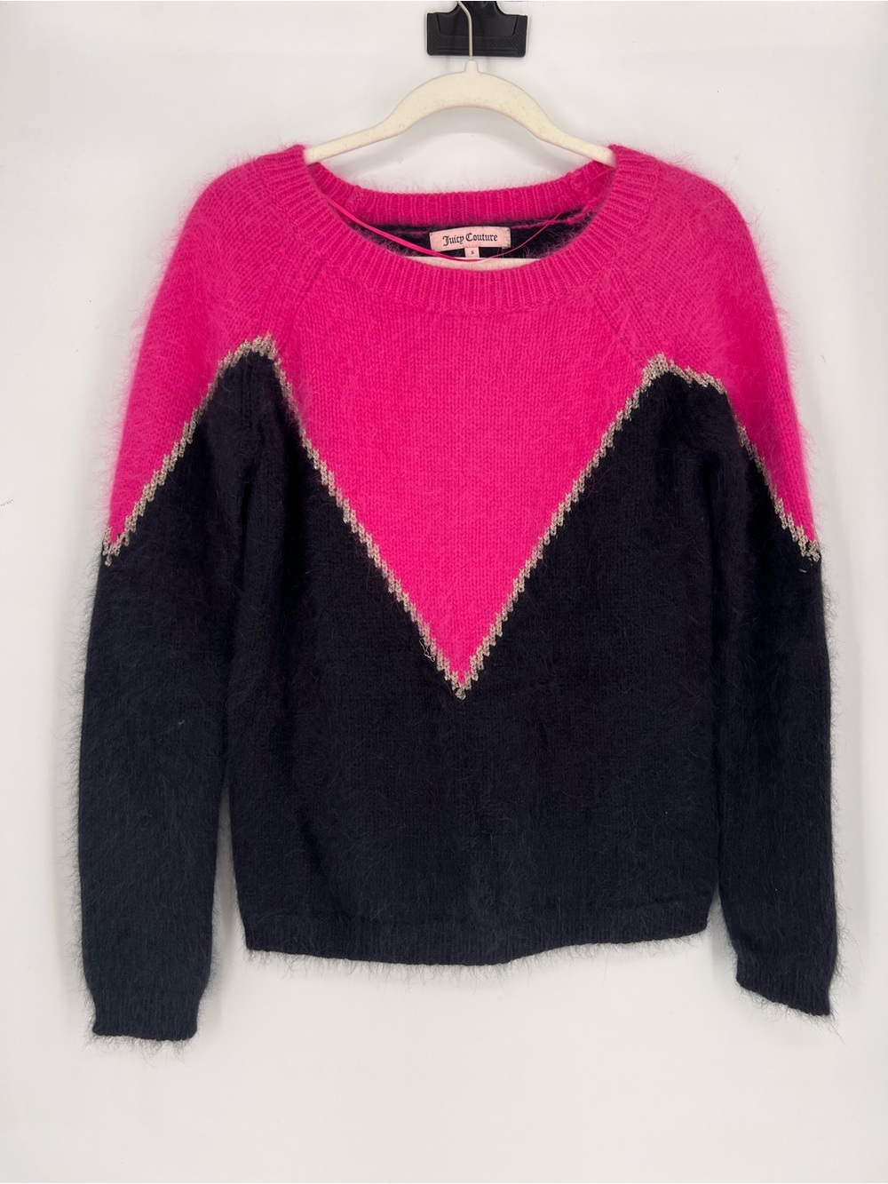 Juicy Couture Hot Pink Navy Angora Knit Pullover Crew Neck Sweater S